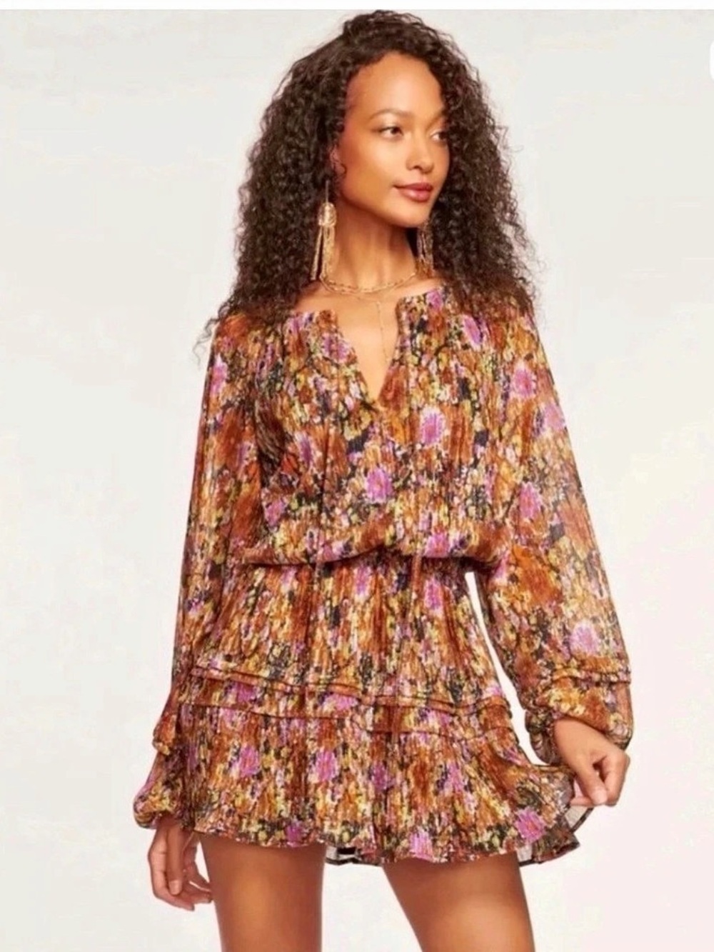 Ramy Brook Twilight Aaliyah Metallic Long Sleeve Chiffon Minidress Floral Mini